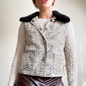Vintage Y2k Edgey Chic Boho Genuine Leather Faux Fur Collar Tiger Print Vest